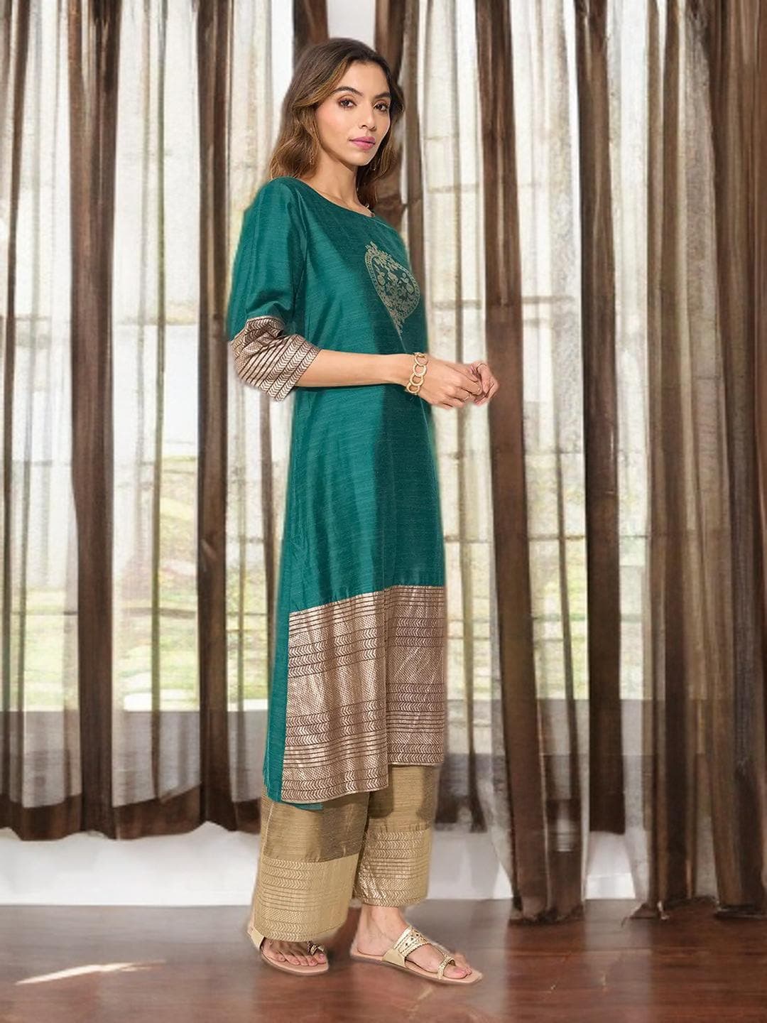 Green Kurta Woven Design Indian Ethnic Wear - image 3