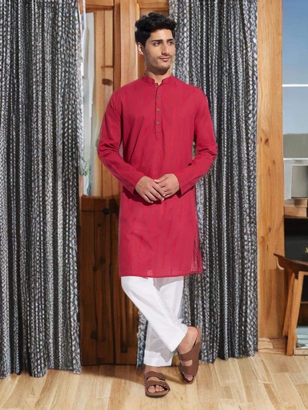 Red Cotton Kurta Mens Traditional Wedding Wear