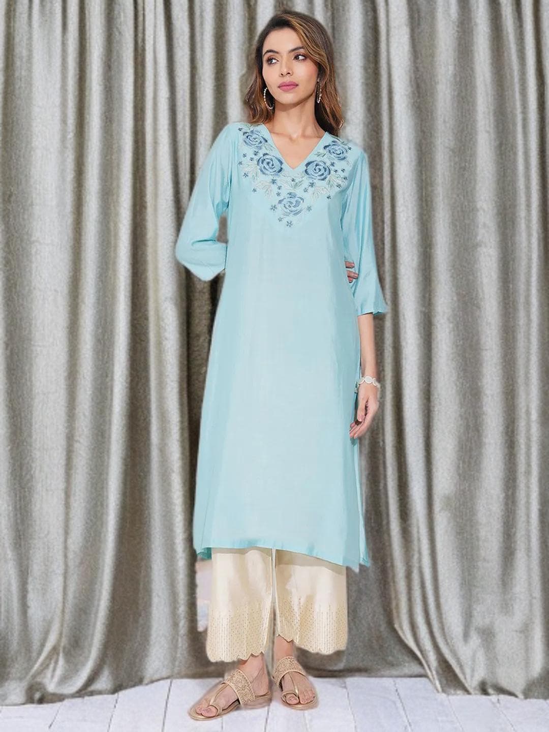 Blue Kurta Thread Work Indian Festive Wear