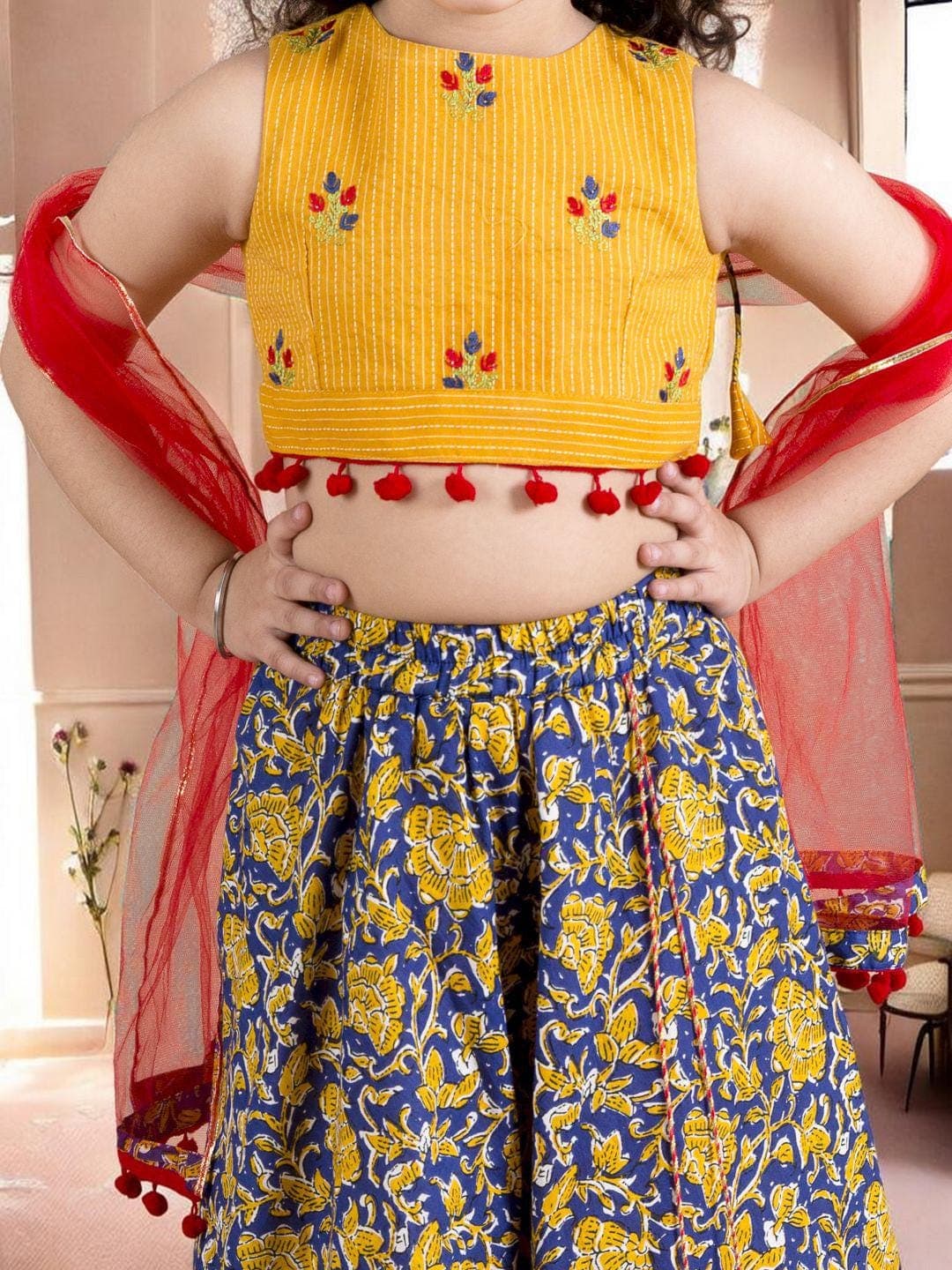 Girls Navy Lehenga Set | Yellow Embroidered Cotton Blouse - image 4