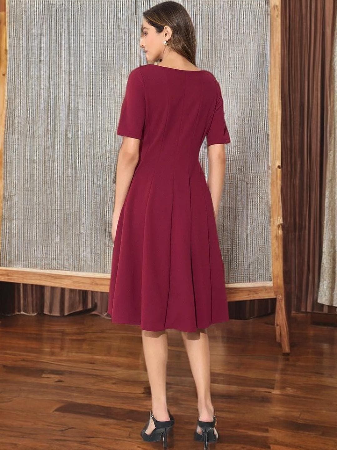 Maroon Midi Dress Belted Detail Wedding Guest - image 5