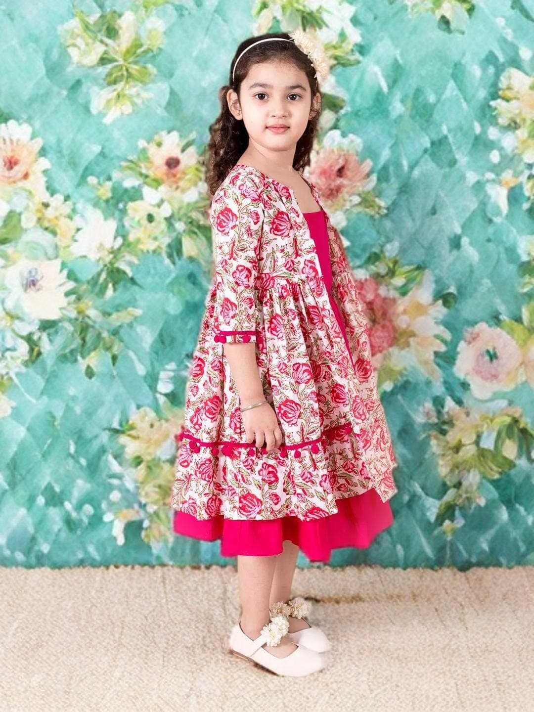Girls Magenta Floral Dress | Cotton A Line with Shrug - image 4