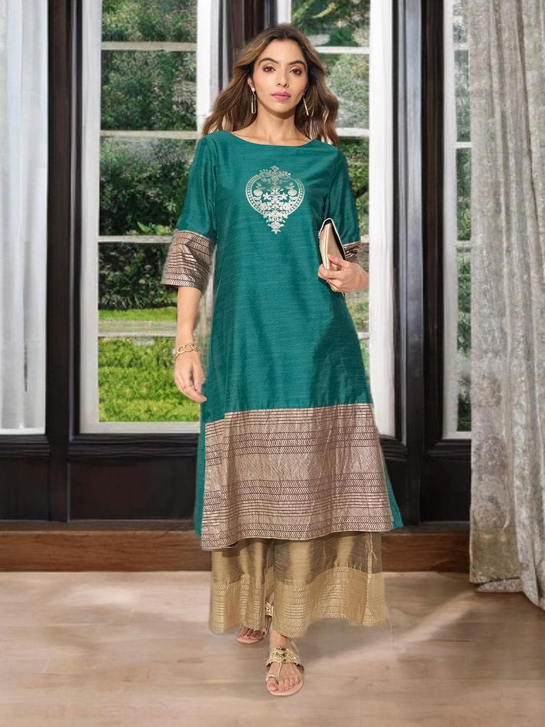 Green Kurta Woven Design Indian Ethnic Wear