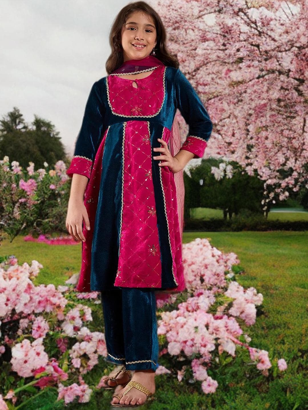 Girls Velvet Wedding Set | Sequinned Kurta Trousers Dupatta