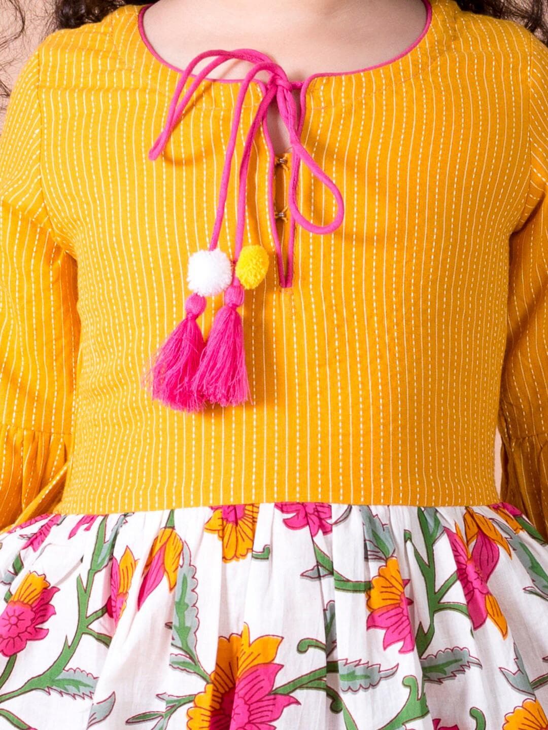 Girls Yellow Floral Dress | Tie Up Neck Cotton Fit Flare - image 5