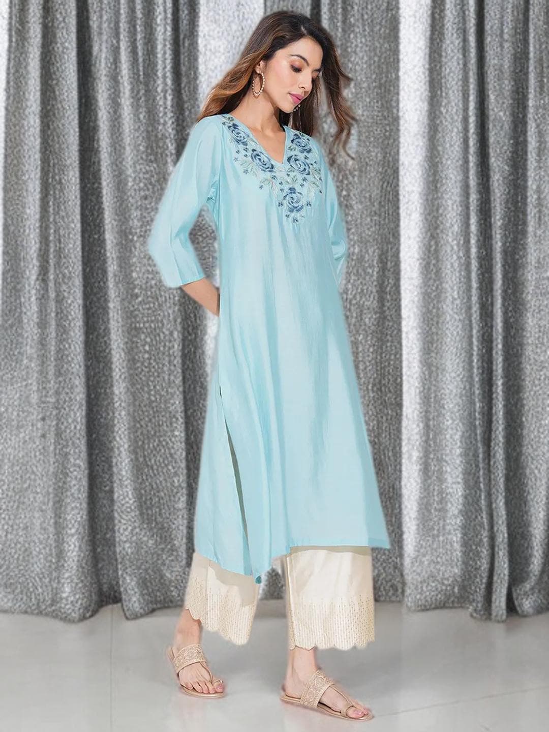 Blue Kurta Thread Work Indian Festive Wear - image 3