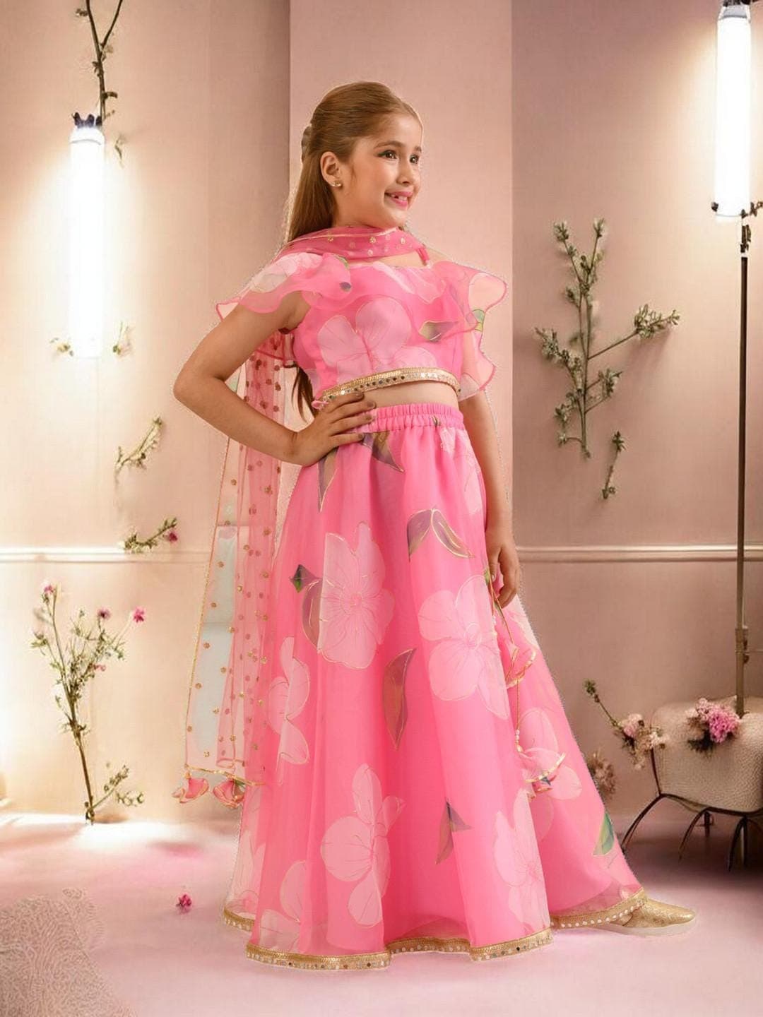Girls Organza Lehenga | Pink Green One Shoulder Set - image 2