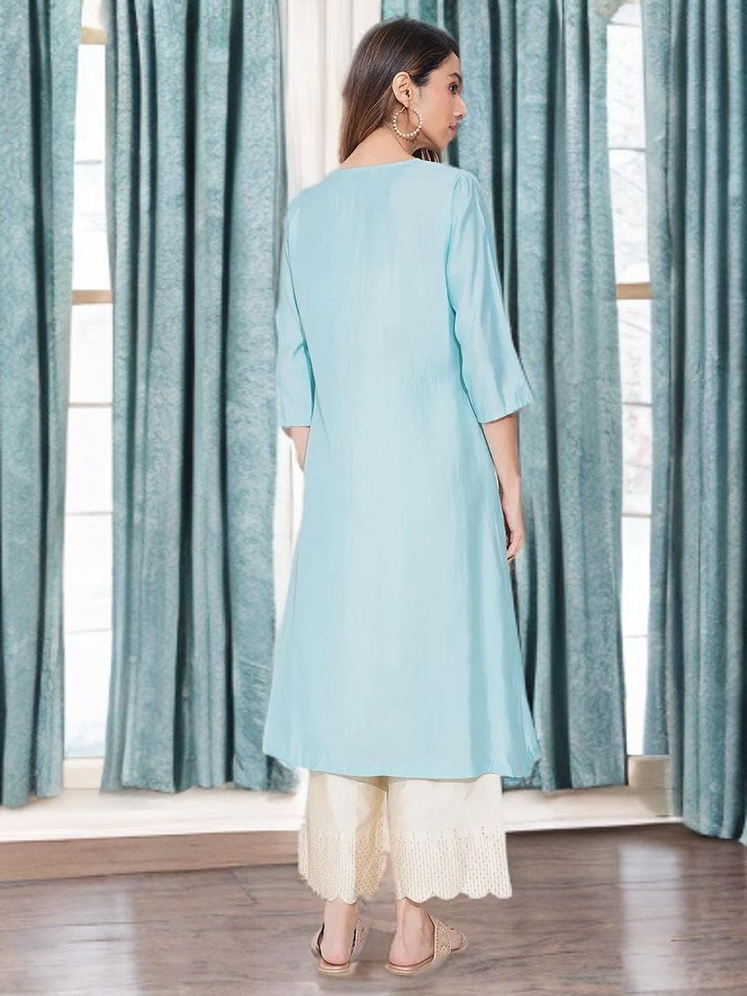 Blue Kurta Thread Work Indian Festive Wear - image 4