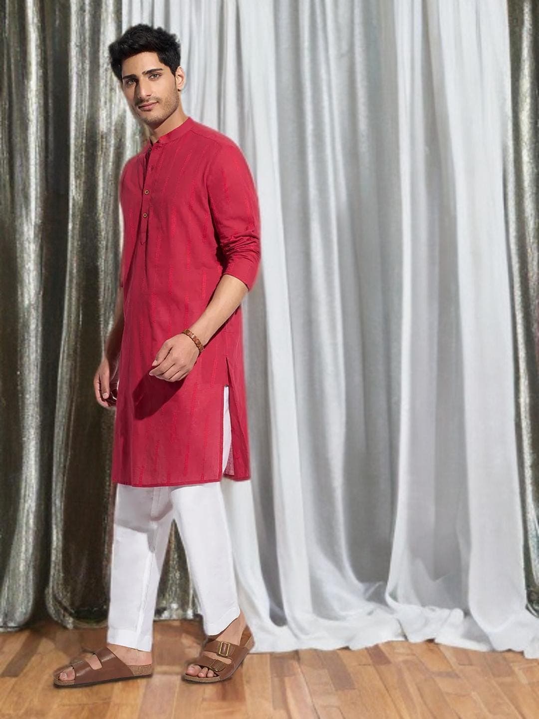 Red Cotton Kurta Mens Traditional Wedding Wear - image 5