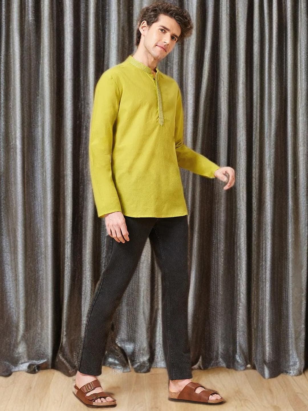 Yellow Pathani Kurta Mens Cotton Traditional Wear - image 2