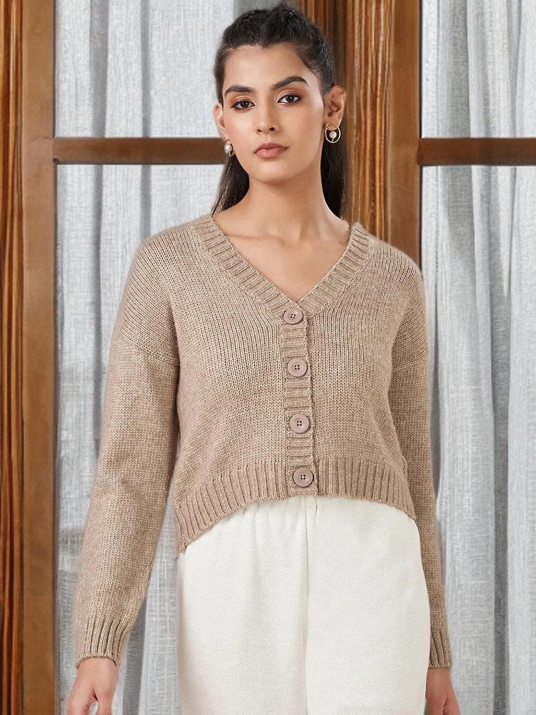 Khaki Cardigan Womens Acrylic Long Sleeve Wrap - image 4