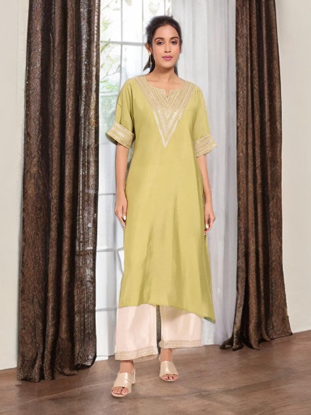 Green Kurta Flared Sleeves Indian Wedding Outfit