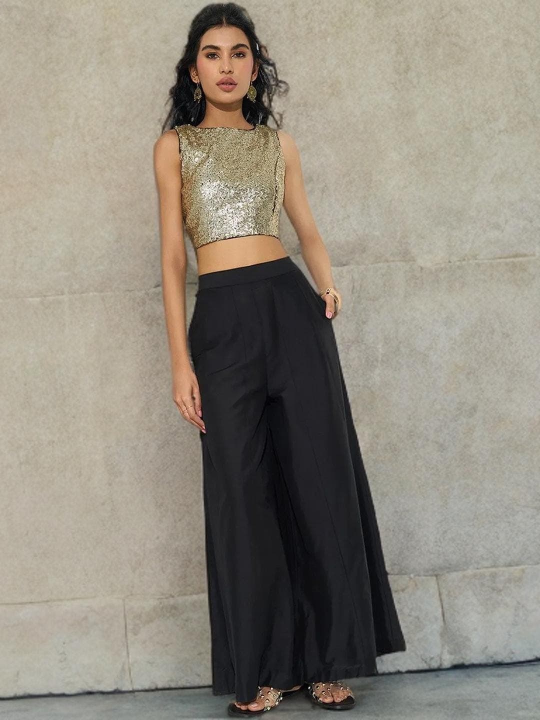 Gold Sequin Crop Top - Sleeveless Party Blouse - image 5