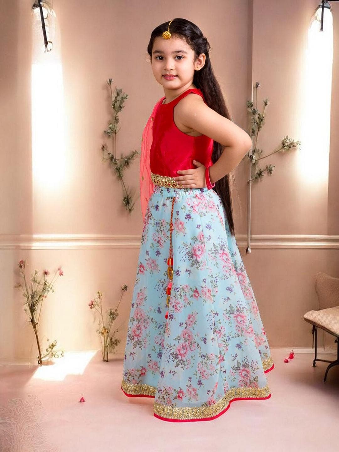 Girls Lehenga Set | Pink Blue Floral Choli with Scarf - image 3