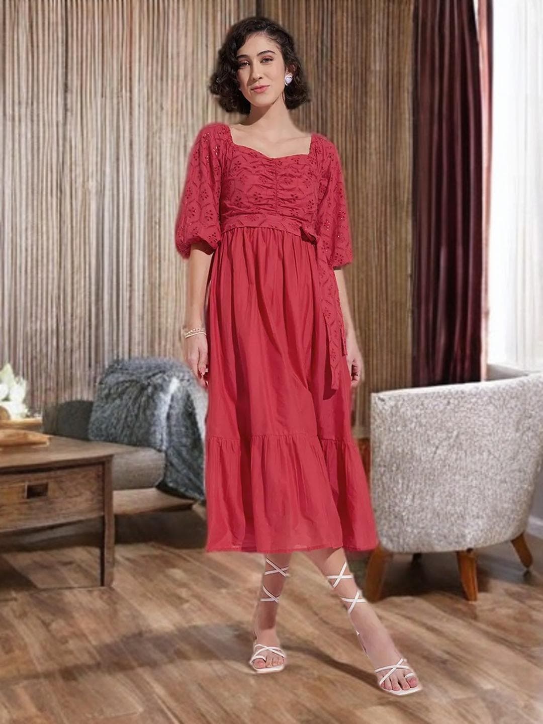 Red Fit Flare Dress Sweetheart Neck Midi - image 5