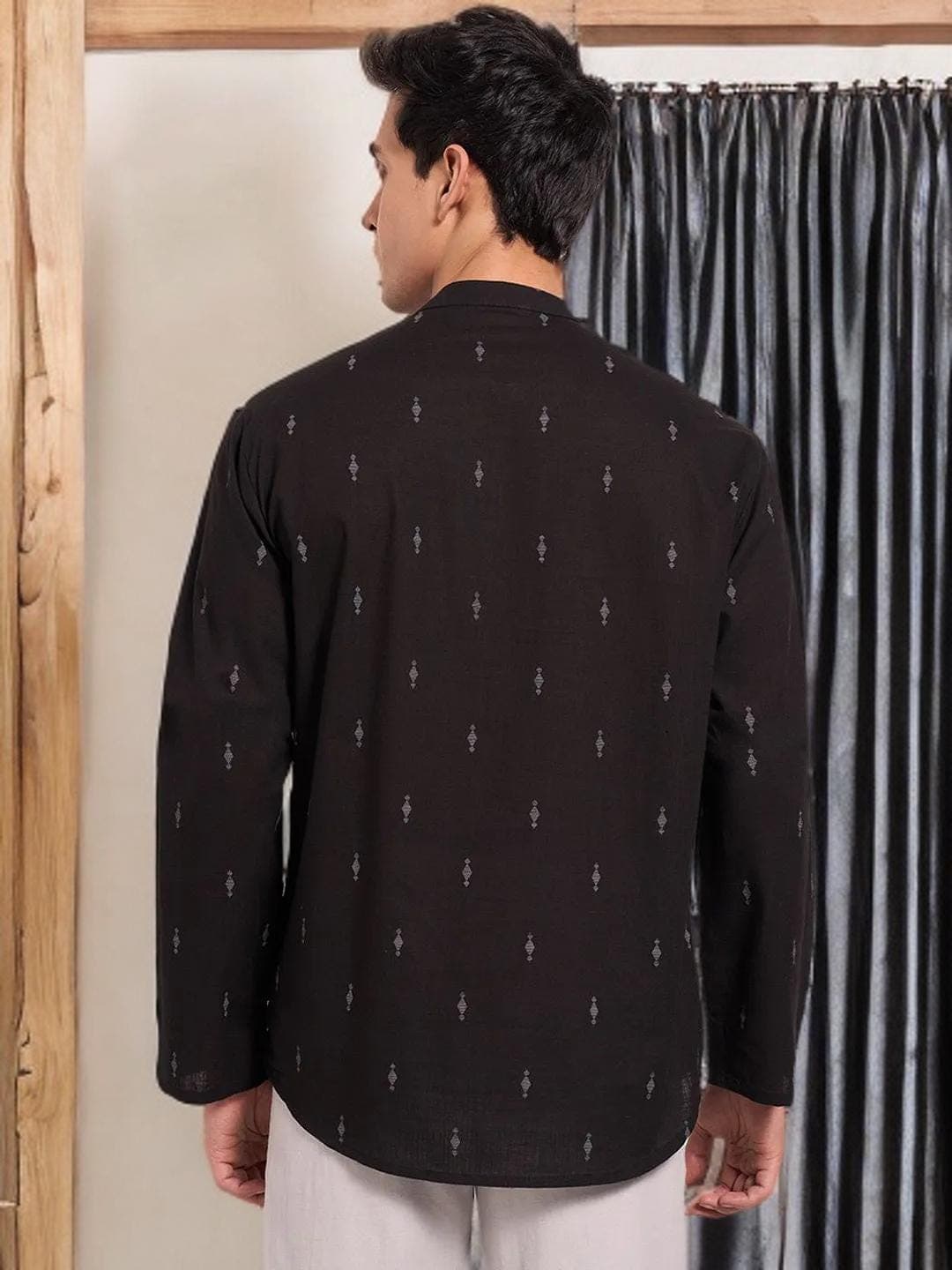 Black Grey Kurta Mens Geometric Print Cotton - image 4