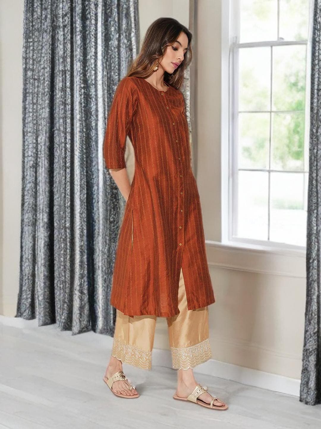 Rust Striped Kurta Indian Traditional Wear - image 3