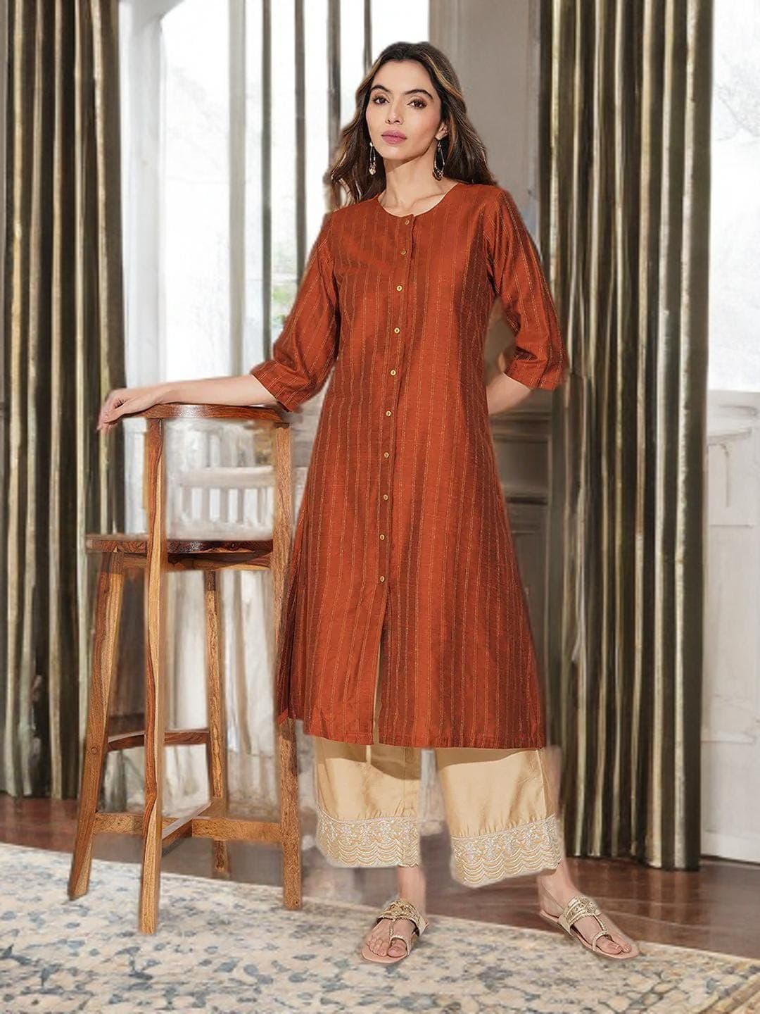 Rust Striped Kurta Indian Traditional Wear