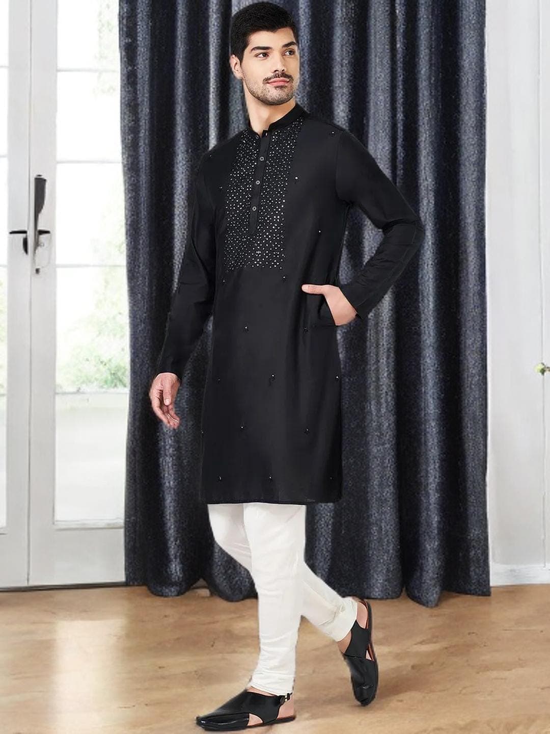 Black Kurta Mens Mirror Work Festive Wear - image 5