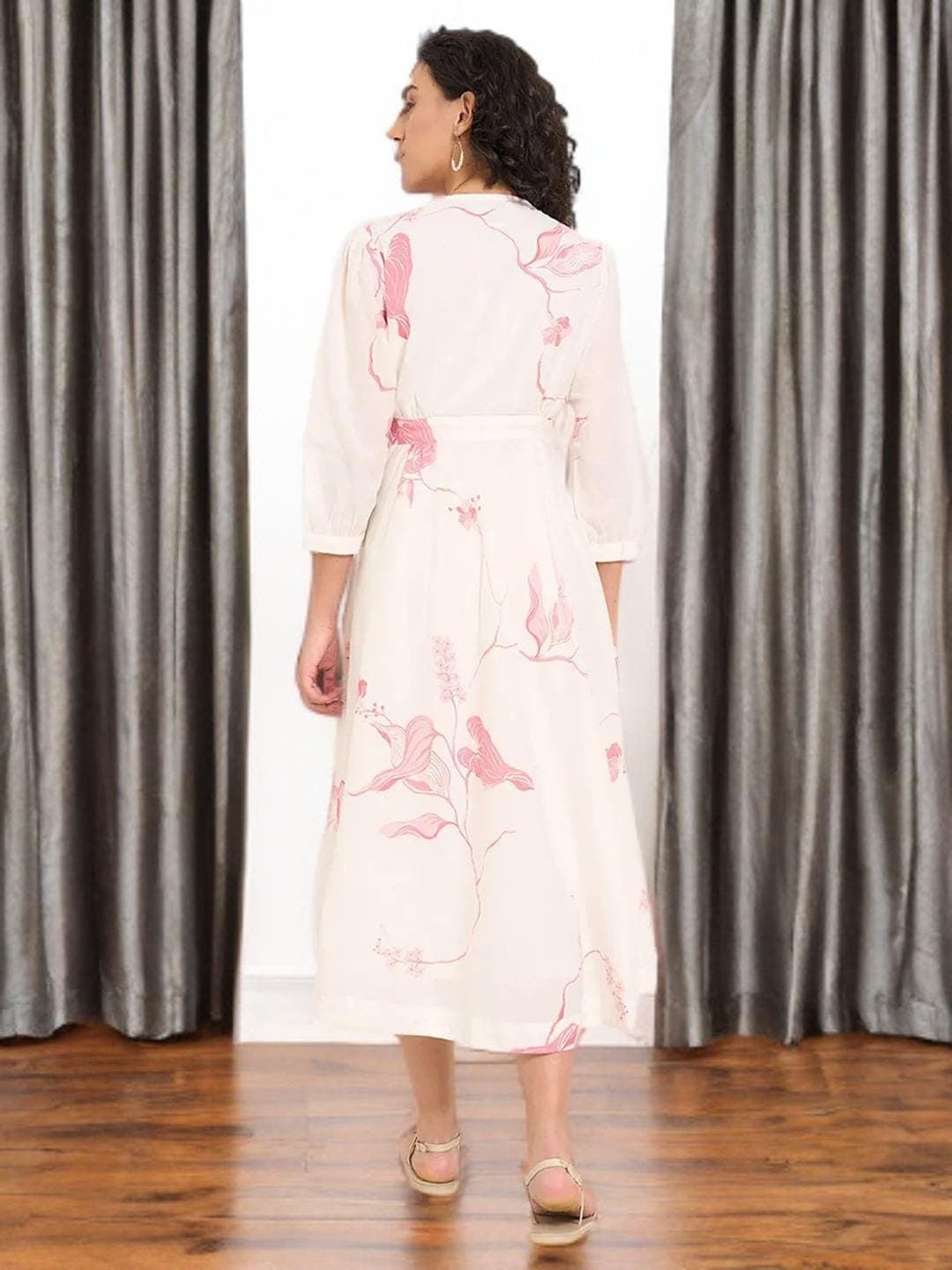 Floral Midi Dress Pink Cotton Wedding Guest - image 4