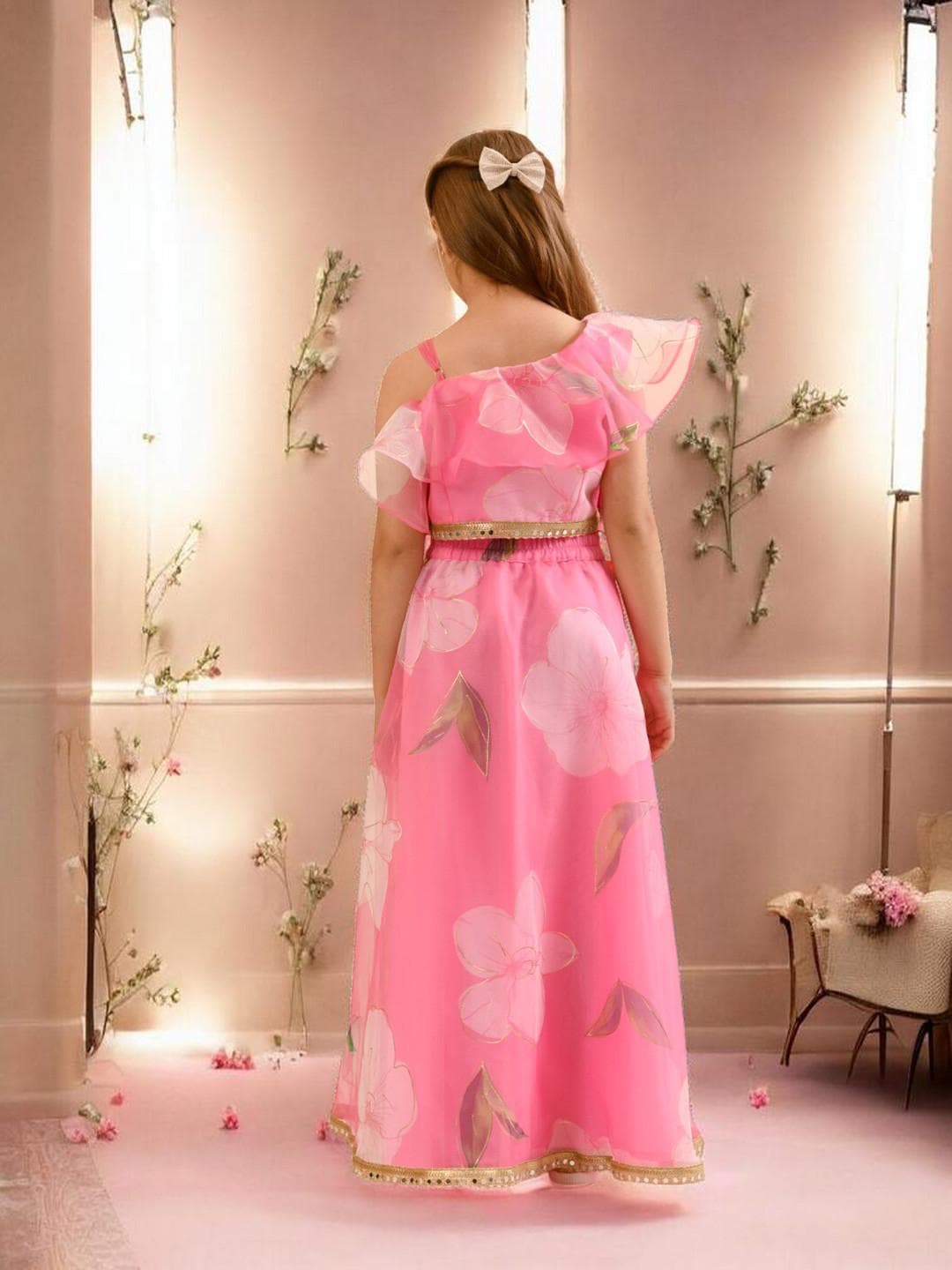 Girls Organza Lehenga | Pink Green One Shoulder Set - image 5