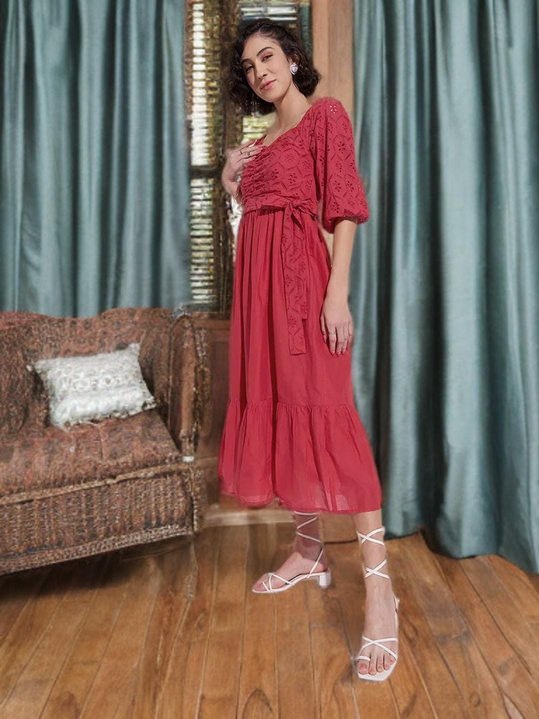Red Fit Flare Dress Sweetheart Neck Midi - image 3