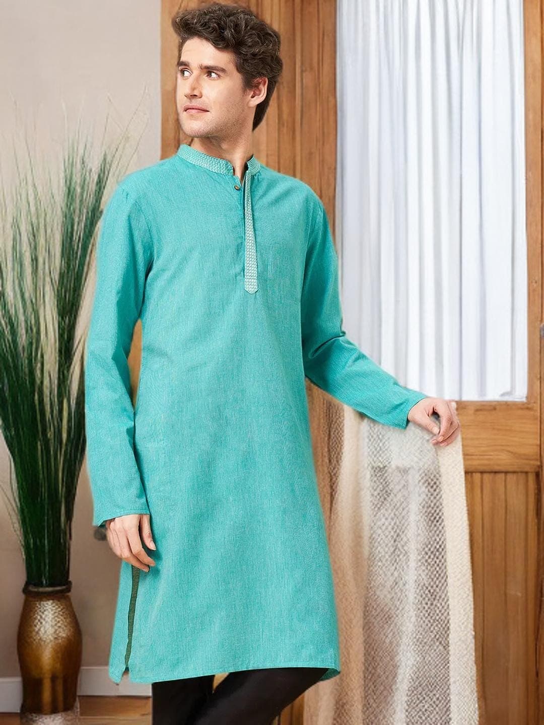 Green Kurta Mens Cotton Thread Work Tunic - image 4