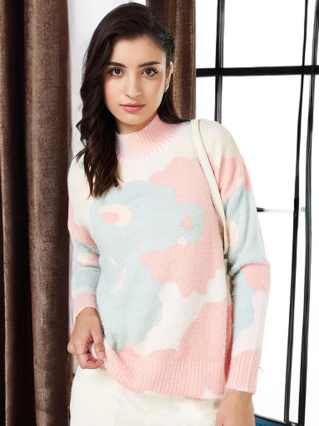 Blue Colorblock Pullover Winter Turtle Neck Sweater
