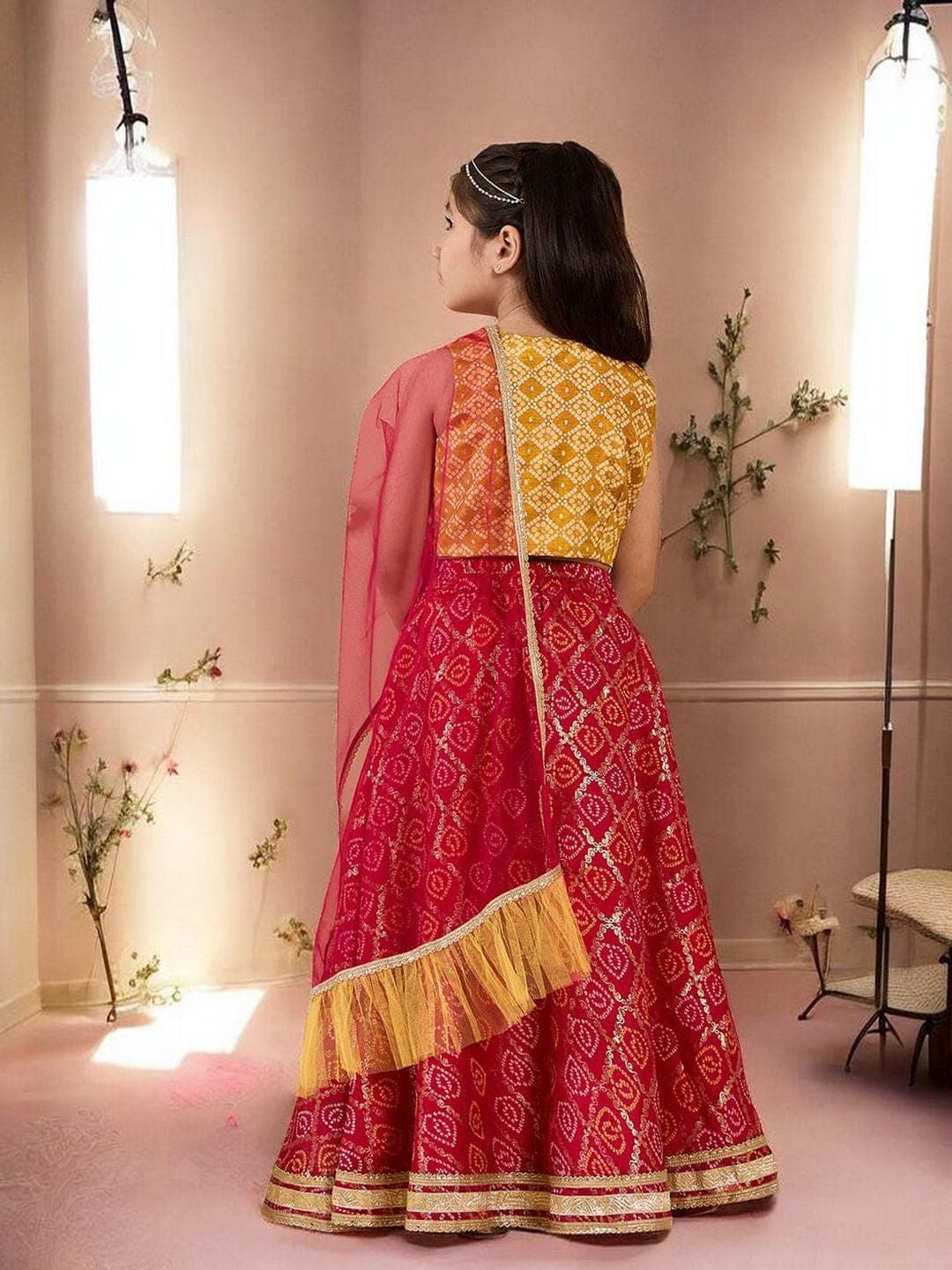 Girls Red Lehenga Set | White Floral Silk Blend Scarf - image 4