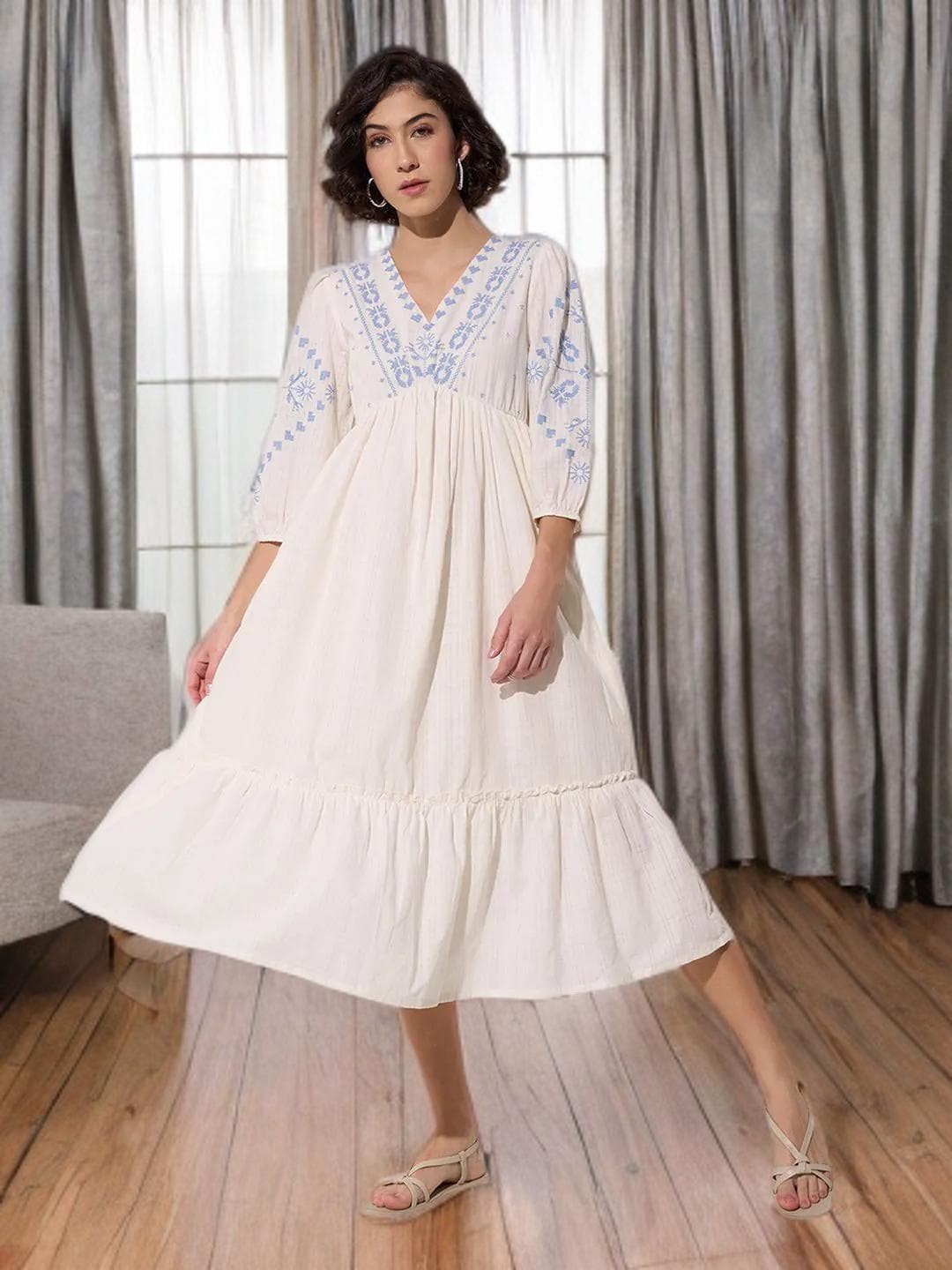 Off White Midi Dress Cotton Boho Style - image 3