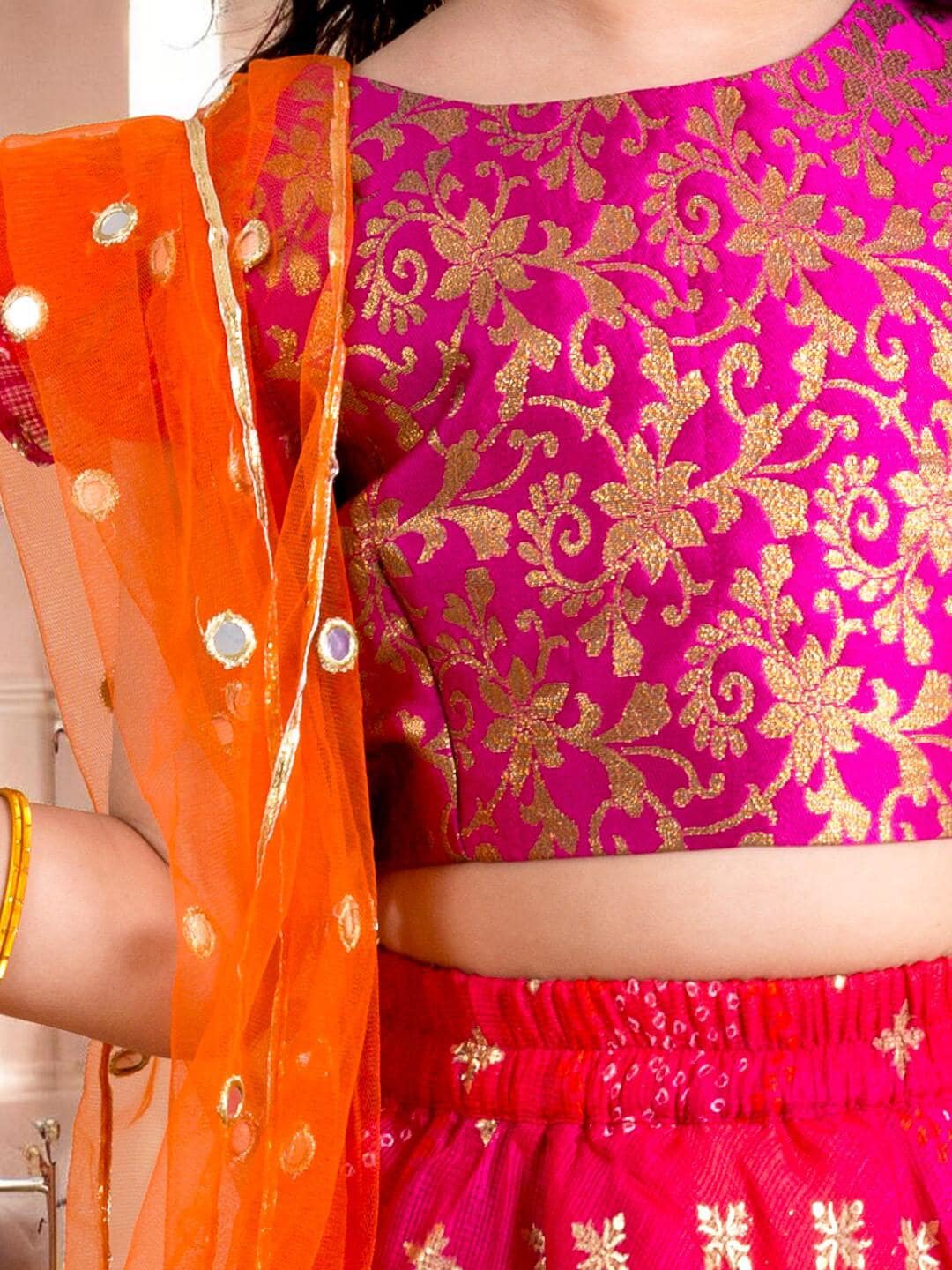 Girls Pink Orange Lehenga | Woven Design Festive Set - image 4