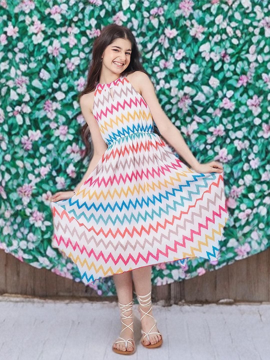 Girls Midi Dress | White Geometric Fit & Flare