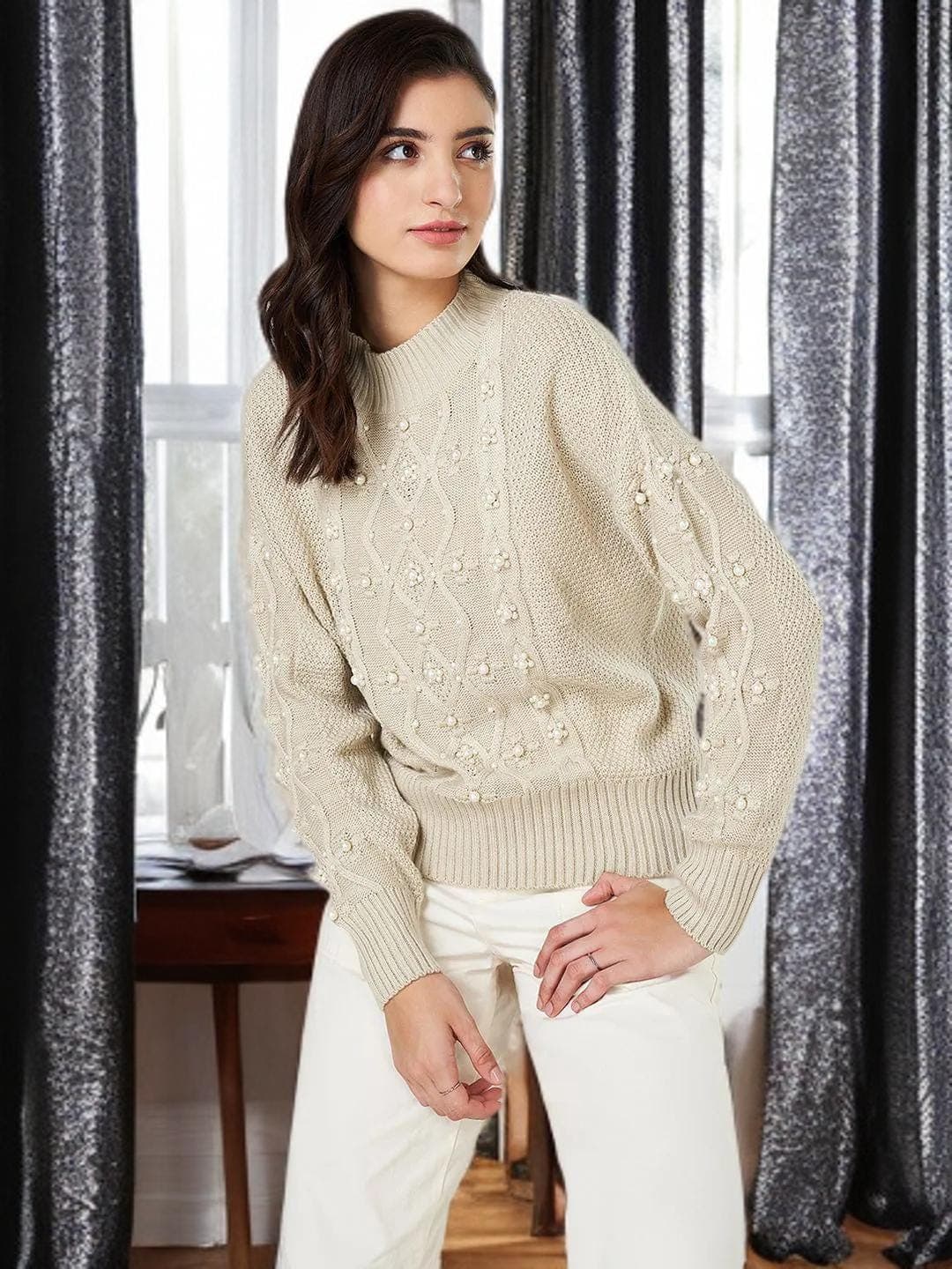 Grey Cable Knit Sweater Womens Winter Pullover - image 5