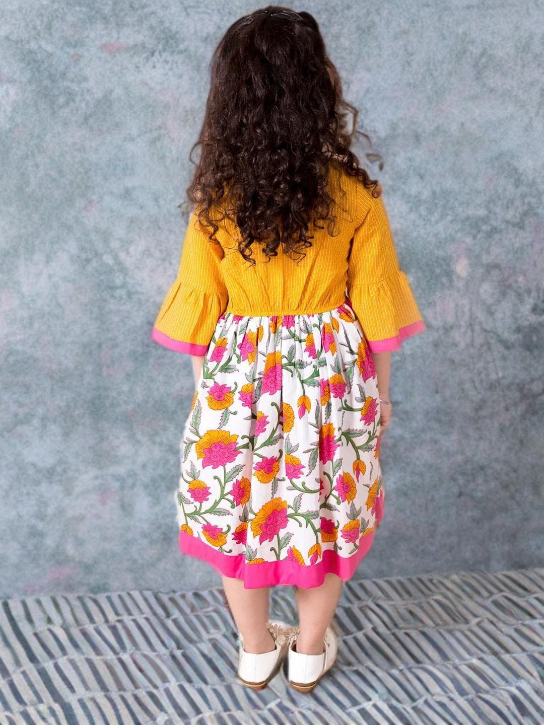Girls Yellow Floral Dress | Tie Up Neck Cotton Fit Flare - image 3