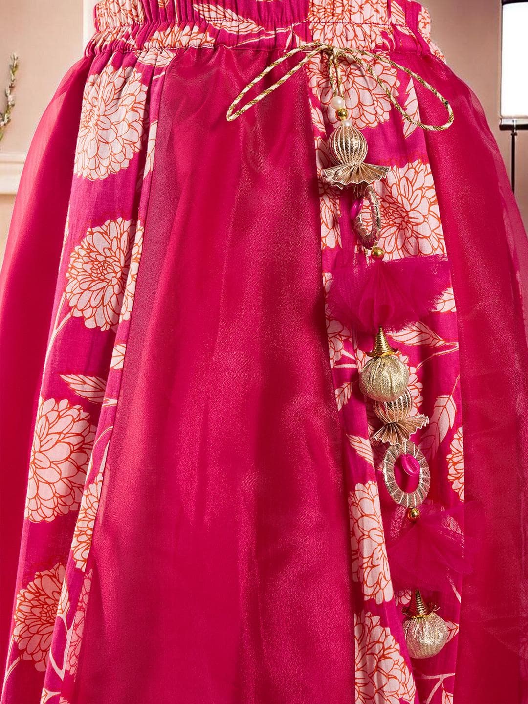 Girls Magenta Lehenga | Gold Print Silk Blend Festive Set - image 3