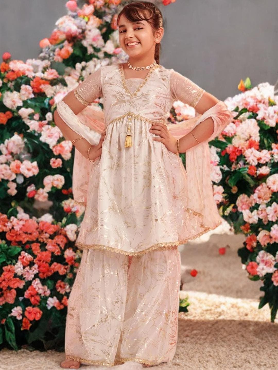 Girls Party Wear Set | White Sharara Kurta with Dupatta - image 3