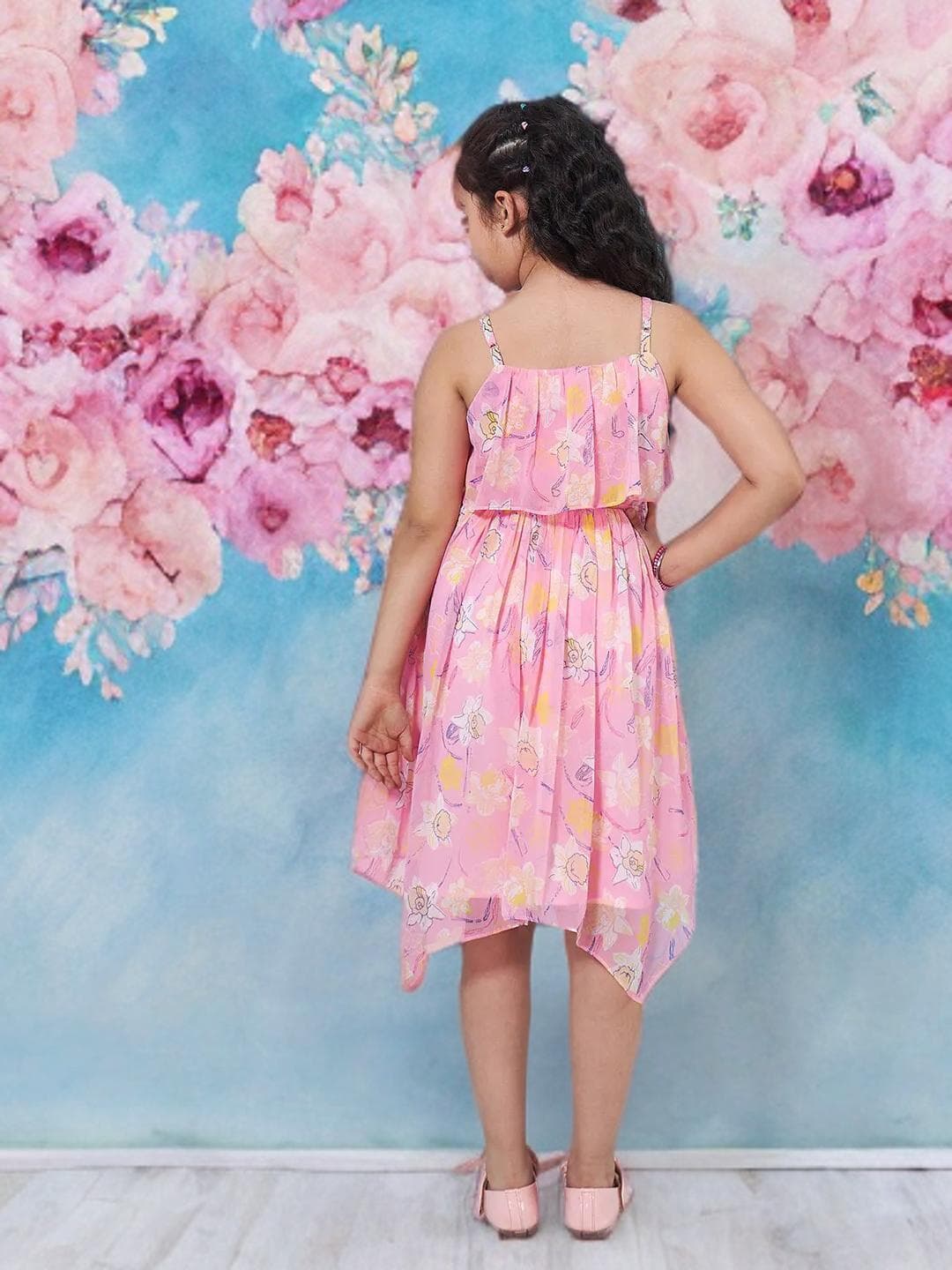 Girls Floral Empire Dress | Pink Chiffon Sleeveless Party - image 3