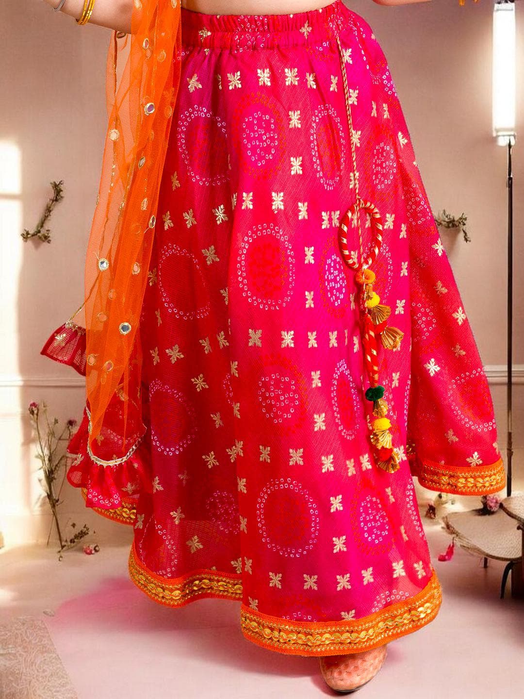 Girls Pink Orange Lehenga | Woven Design Festive Set - image 5