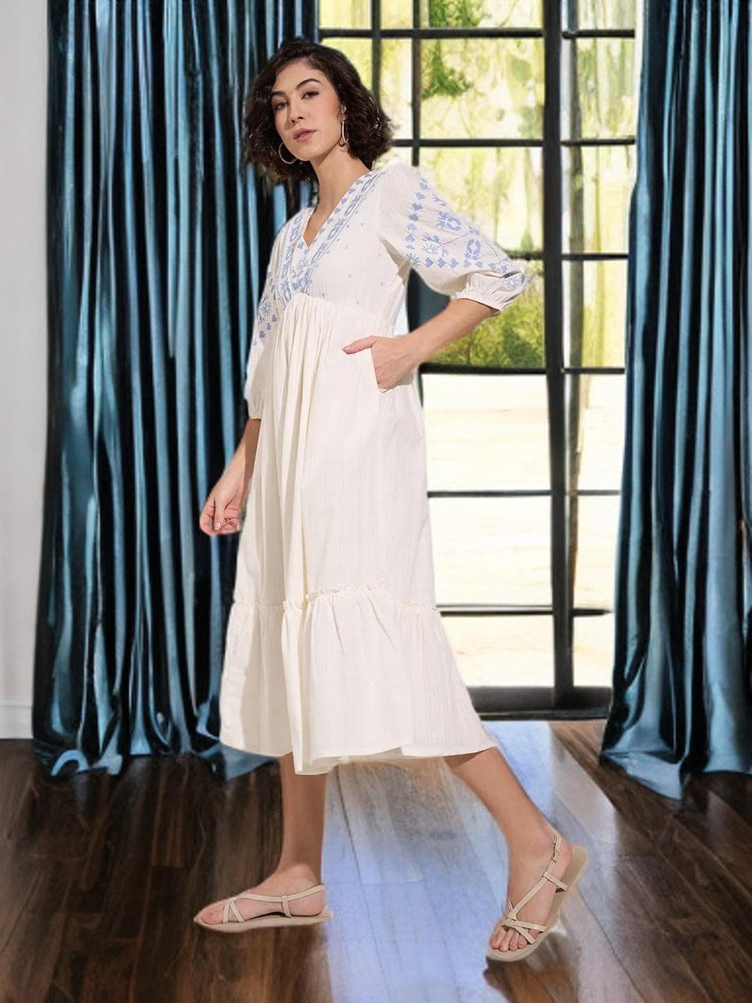 Off White Midi Dress Cotton Boho Style - image 5