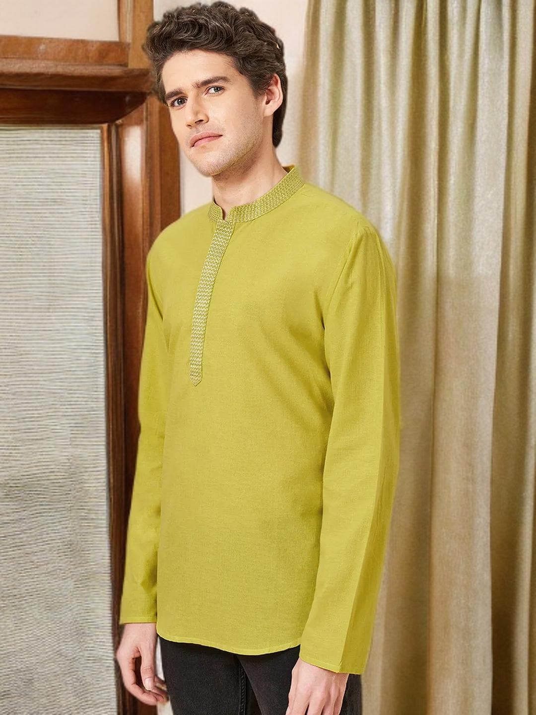 Yellow Pathani Kurta Mens Cotton Traditional Wear - image 4