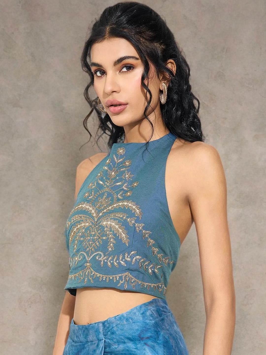 Blue Smocked Halter Crop Top, Ethnic Embroidery Mirror Work Blouse - image 4