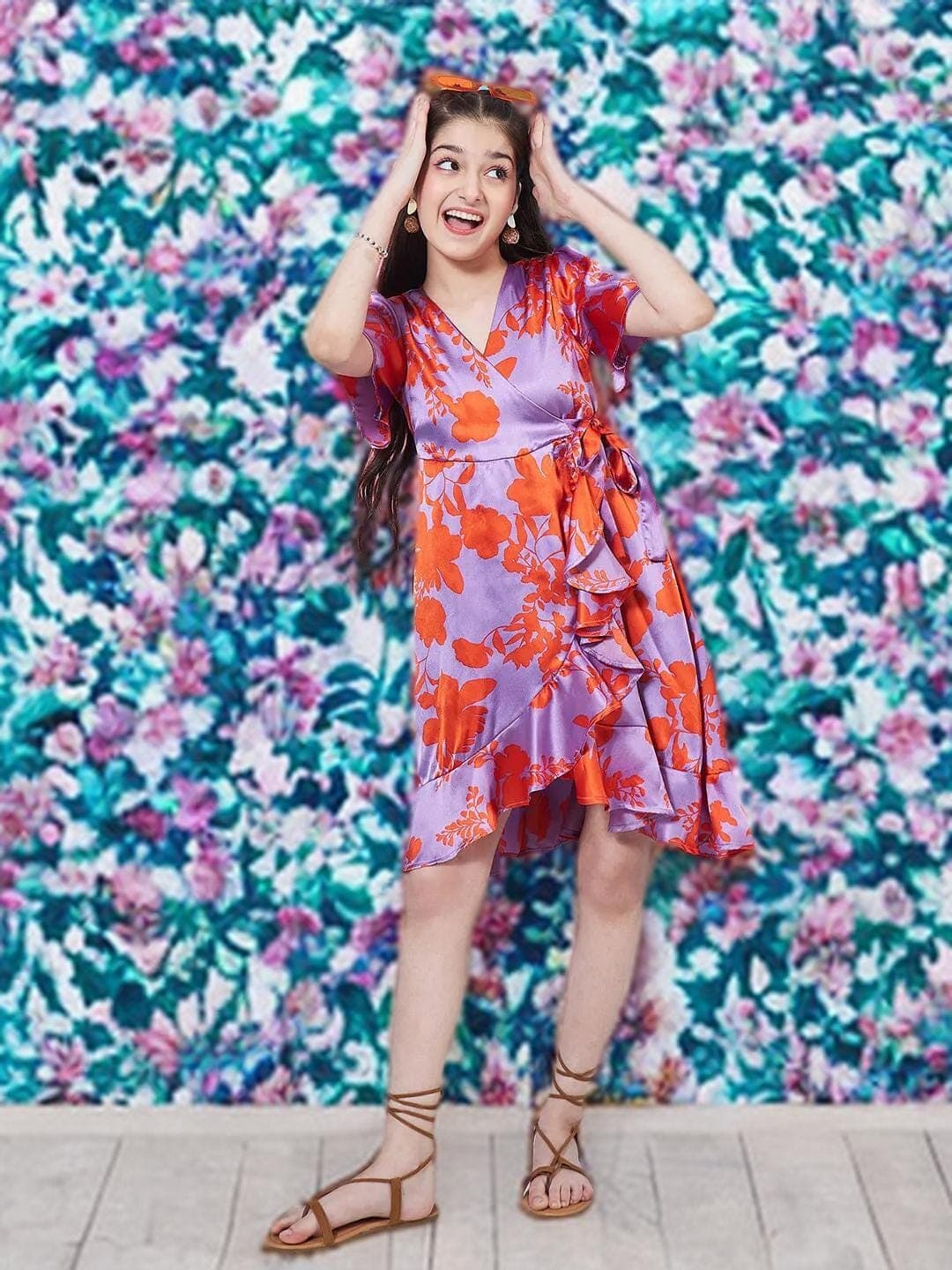 Girls Flutter Sleeve Dress | Purple Orange Floral Wrap - image 4