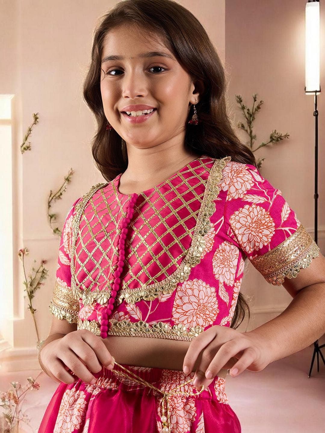 Girls Magenta Lehenga | Gold Print Silk Blend Festive Set - image 4