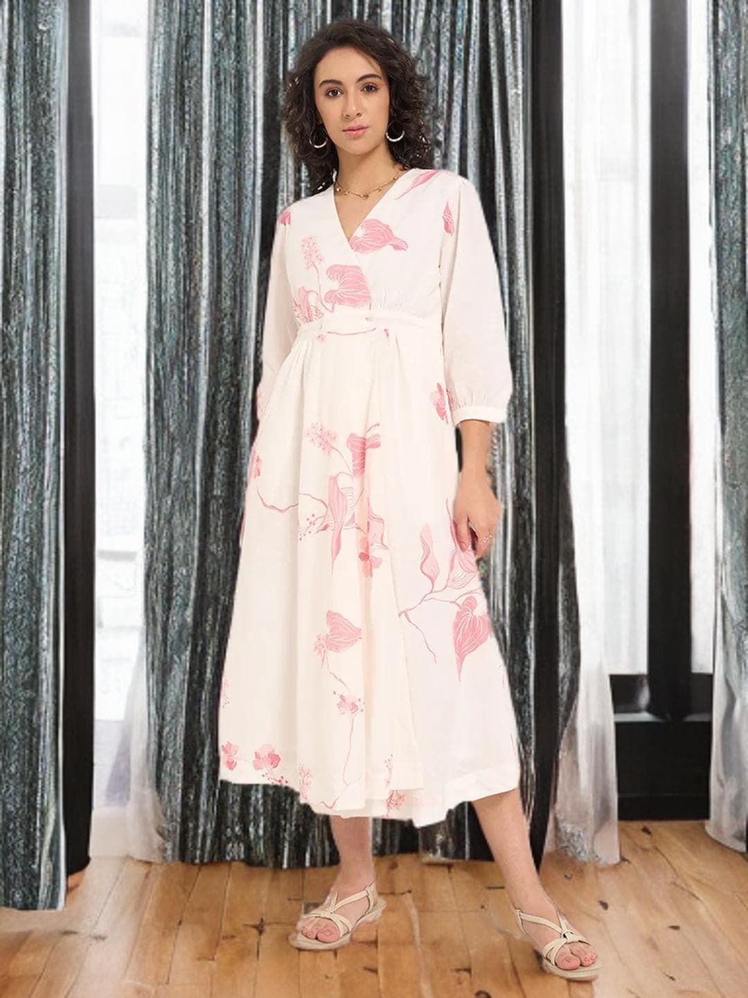 Floral Midi Dress Pink Cotton Wedding Guest