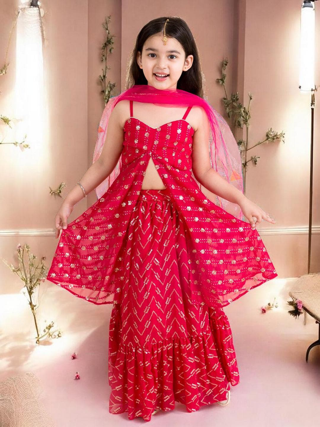 Girls Magenta Lehenga | Gold Sequinned Festive Set