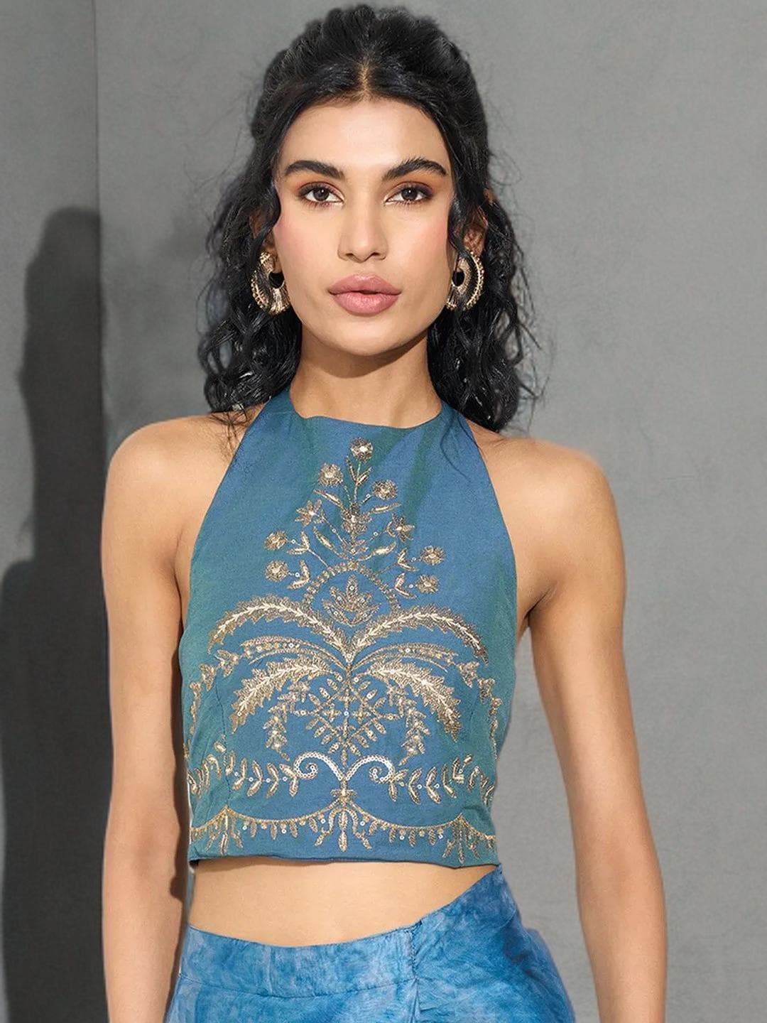 Blue Smocked Halter Crop Top, Ethnic Embroidery Mirror Work Blouse