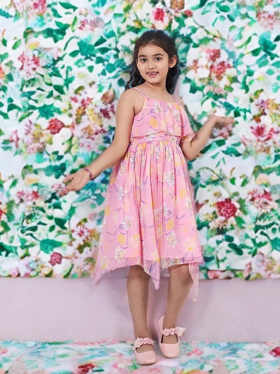 Girls Floral Empire Dress | Pink Chiffon Sleeveless Party
