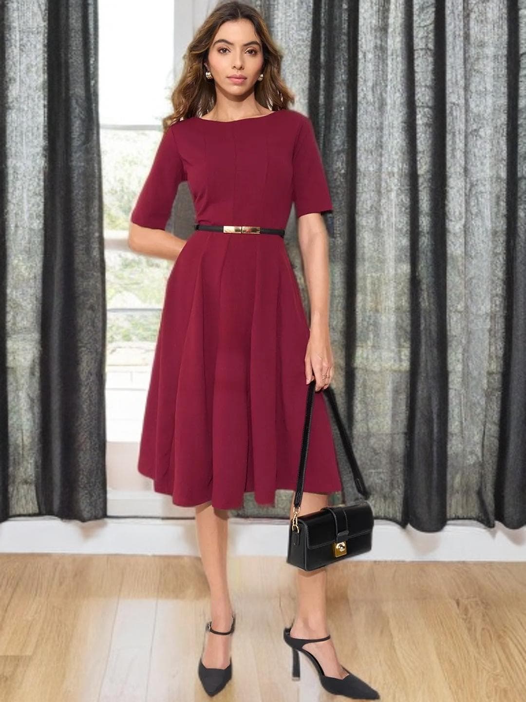 Maroon Midi Dress Belted Detail Wedding Guest