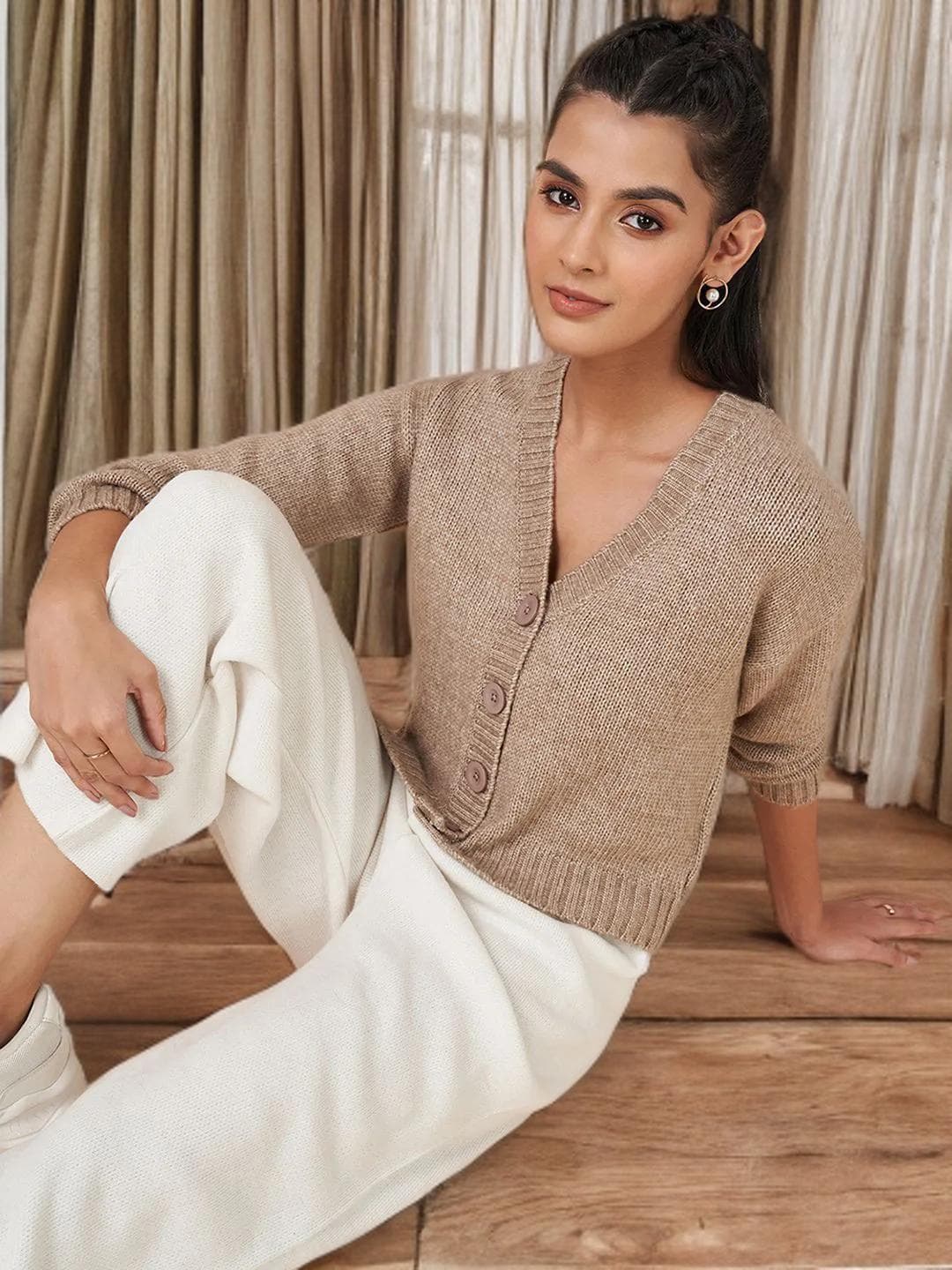 Khaki Cardigan Womens Acrylic Long Sleeve Wrap - image 5