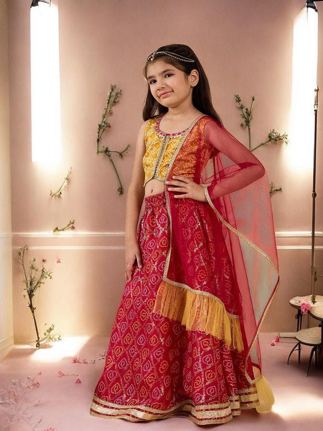 Girls Red Lehenga Set | White Floral Silk Blend Scarf - image 5